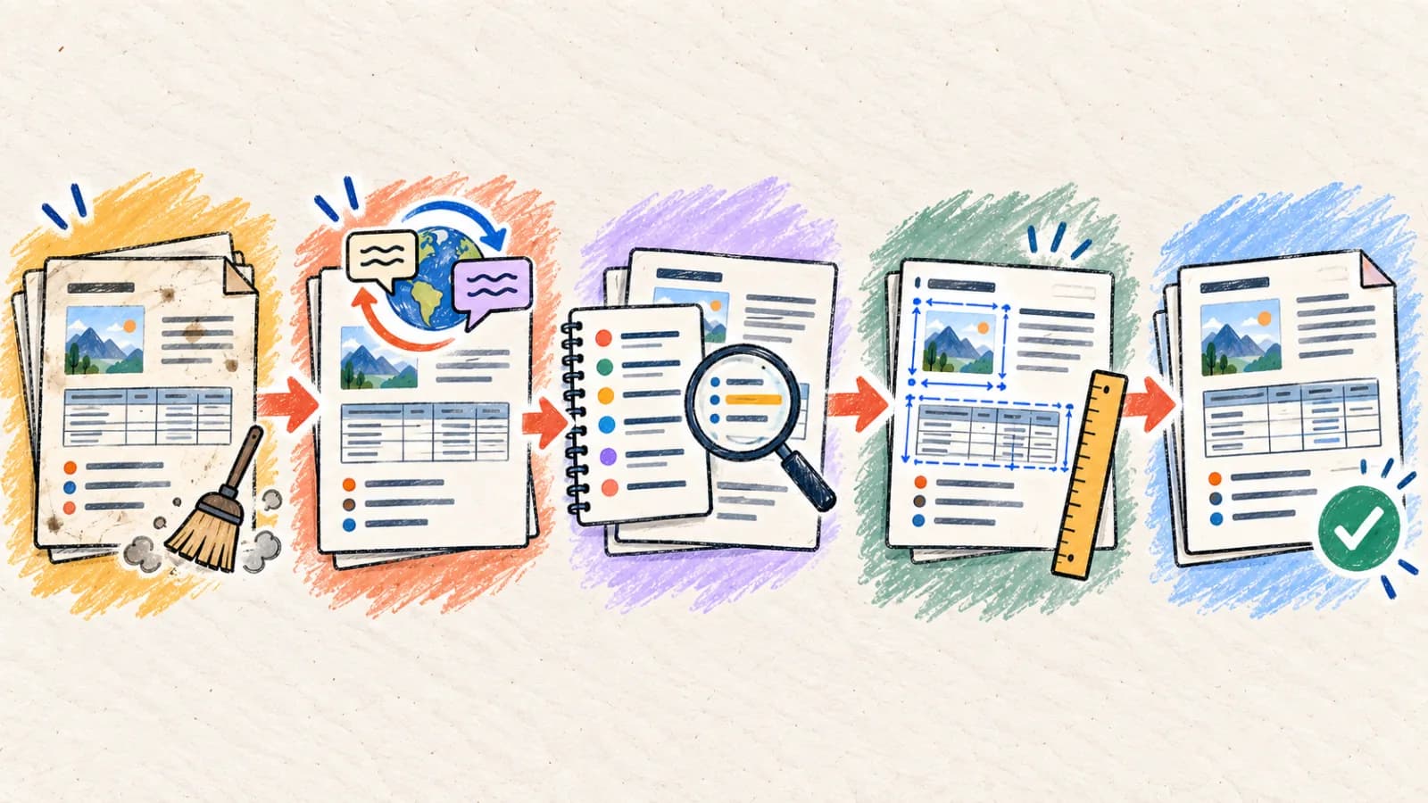 Document translation workflow covering source cleanup, translation, terminology review, formatting review, and export