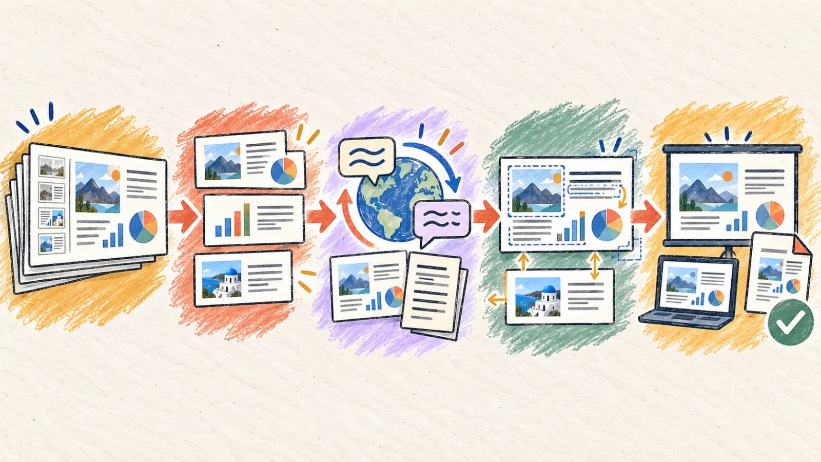 PowerPoint translation workflow showing slide selection, text translation, notes, layout checks, and export