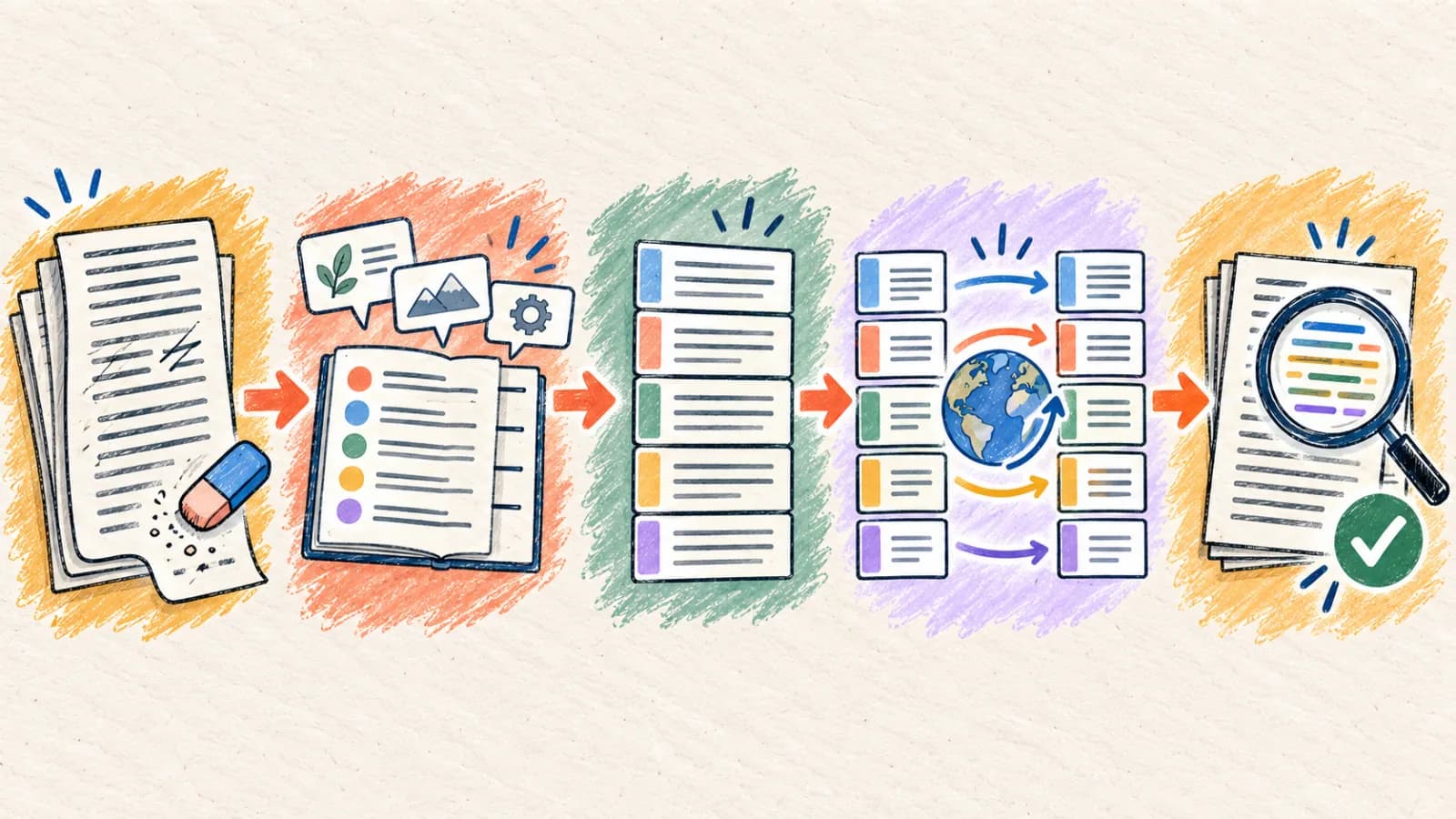 Long-text translation workflow from source cleanup and glossary creation to section translation and final consistency review