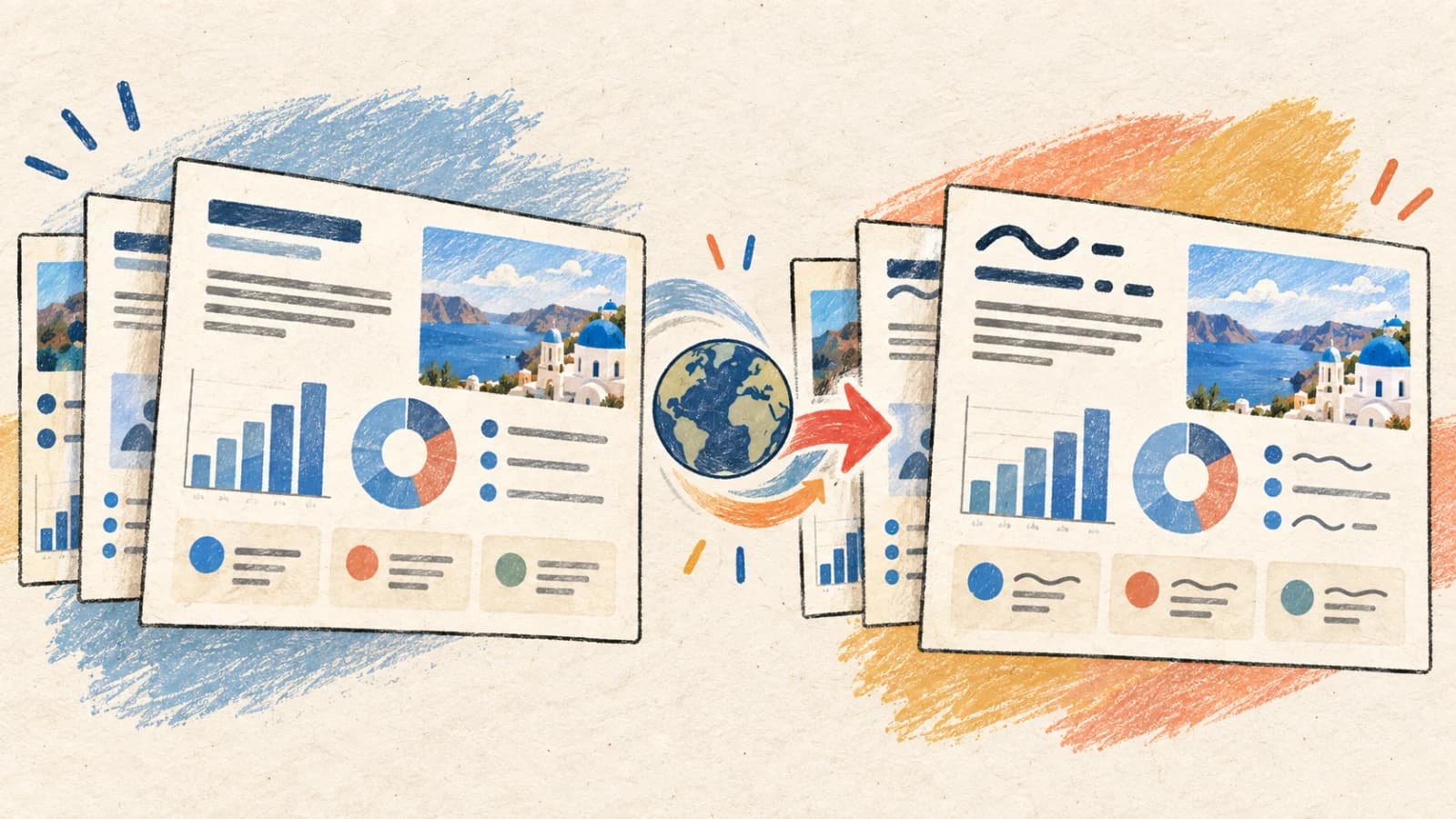 A PowerPoint deck switching languages while slide grids, charts, and visual hierarchy remain aligned