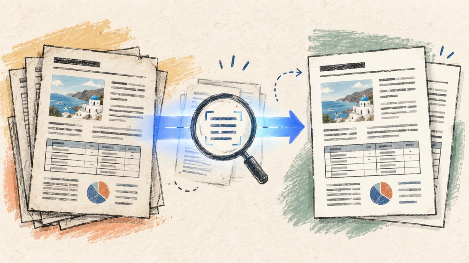 A scanned PDF page passing through OCR and becoming a translated page with the same structure
